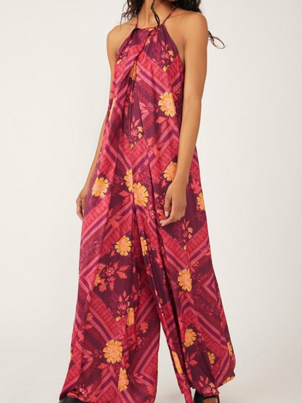 Free people Luca - Boho Halter Floral Wide-Leg Jumpsuit - Burgundy Pink